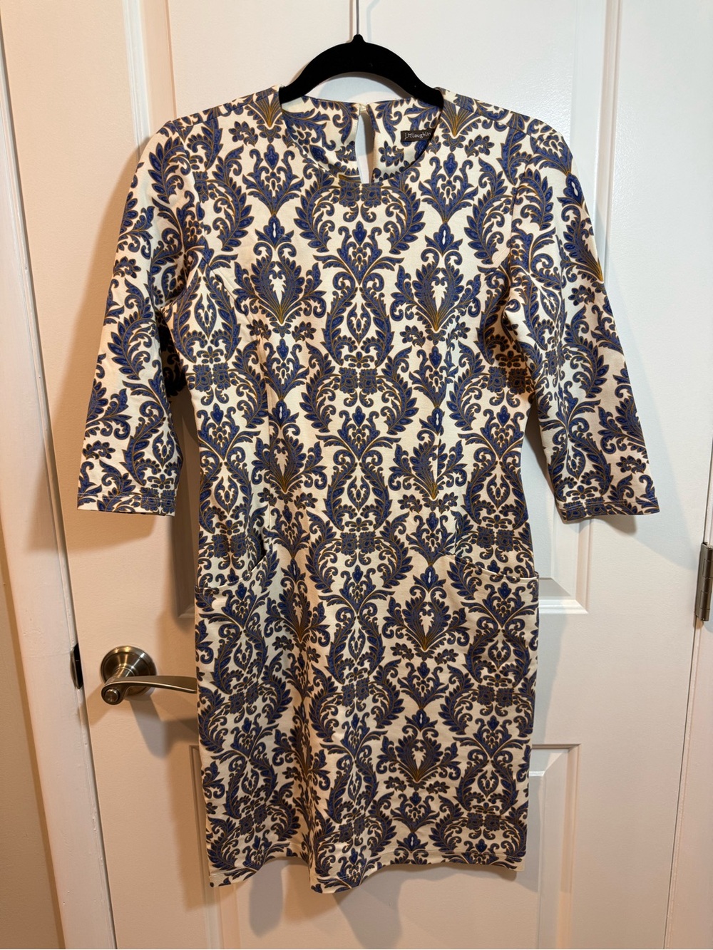 J. McLaughlin Catalyst Blue and Gold Damask Pattern Dress